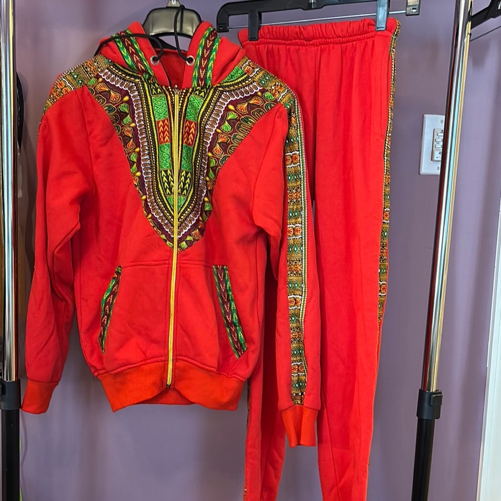 Vibrant Red Dashiki Hoodie and Pants Set